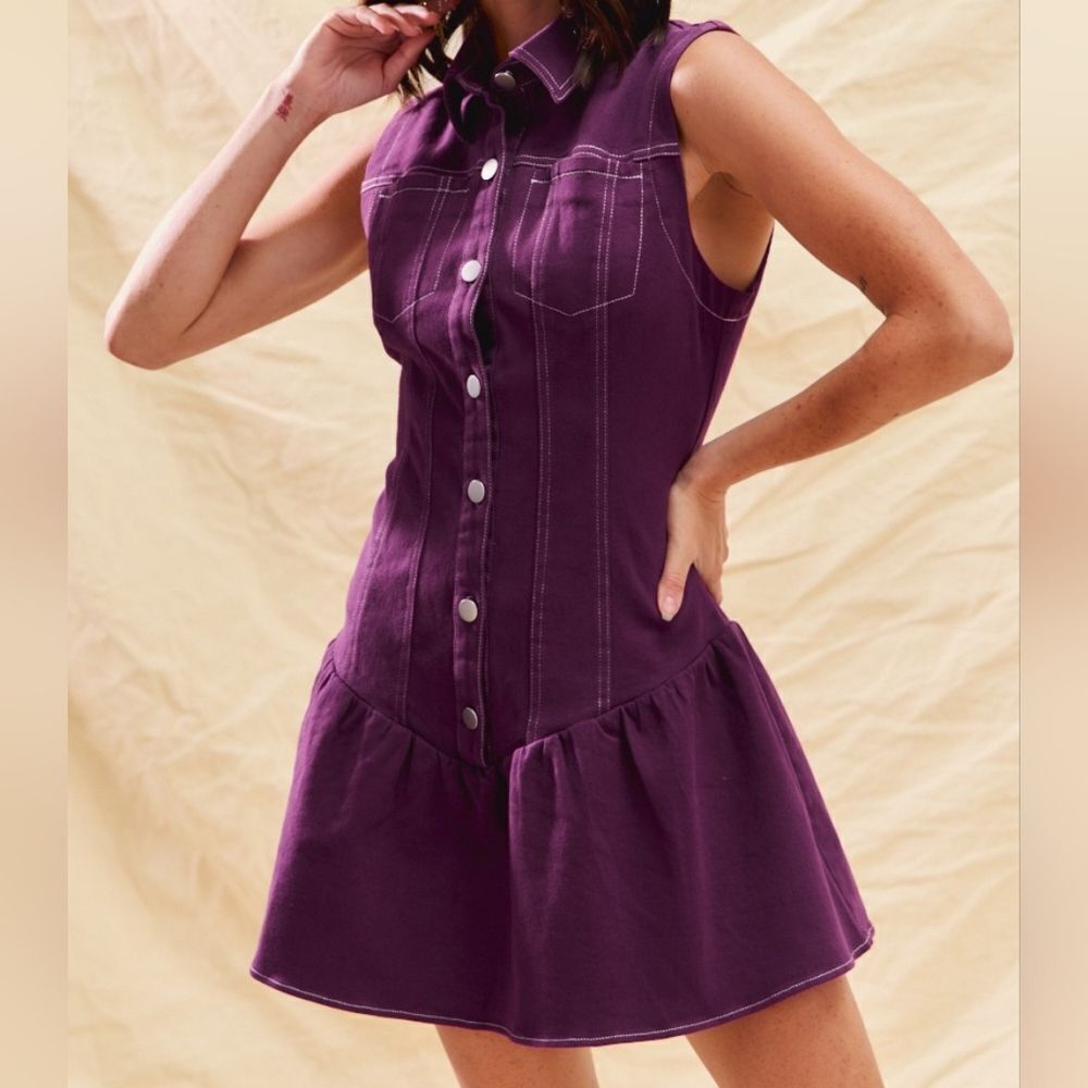 Purple Sleeveless Button-Down Dress White Stitching size Medium - Picture 7 of 14